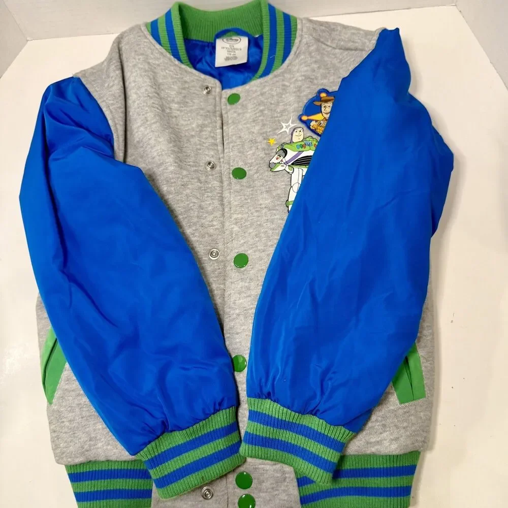 Disney Toy Story 4 Boys Size 5/6 Varsity Jacket Woody Buzz Forky Blue Green Gray